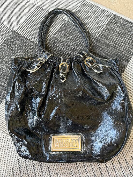 Badgley Mischka Handbags - Badgley Mischka Black Patent Leather Handbag Braided Handle Y2K Goth 00s Tote